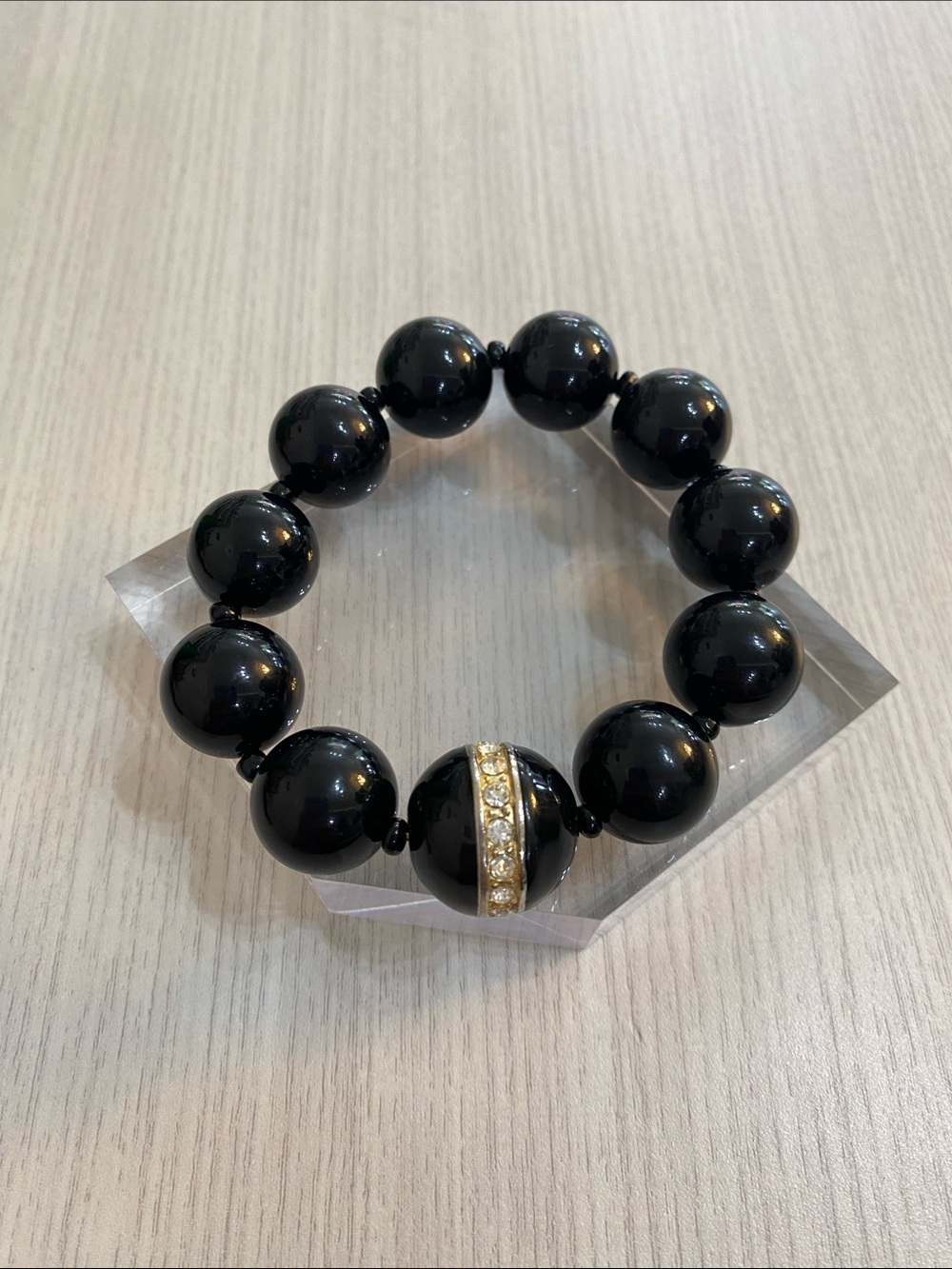 Black Beaded Stretch Bracelet with Gold Crystal Accent